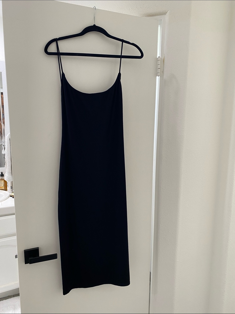 Reformation Black Slip Midi Dress with Spaghetti Straps sexy ribbed bodycon
